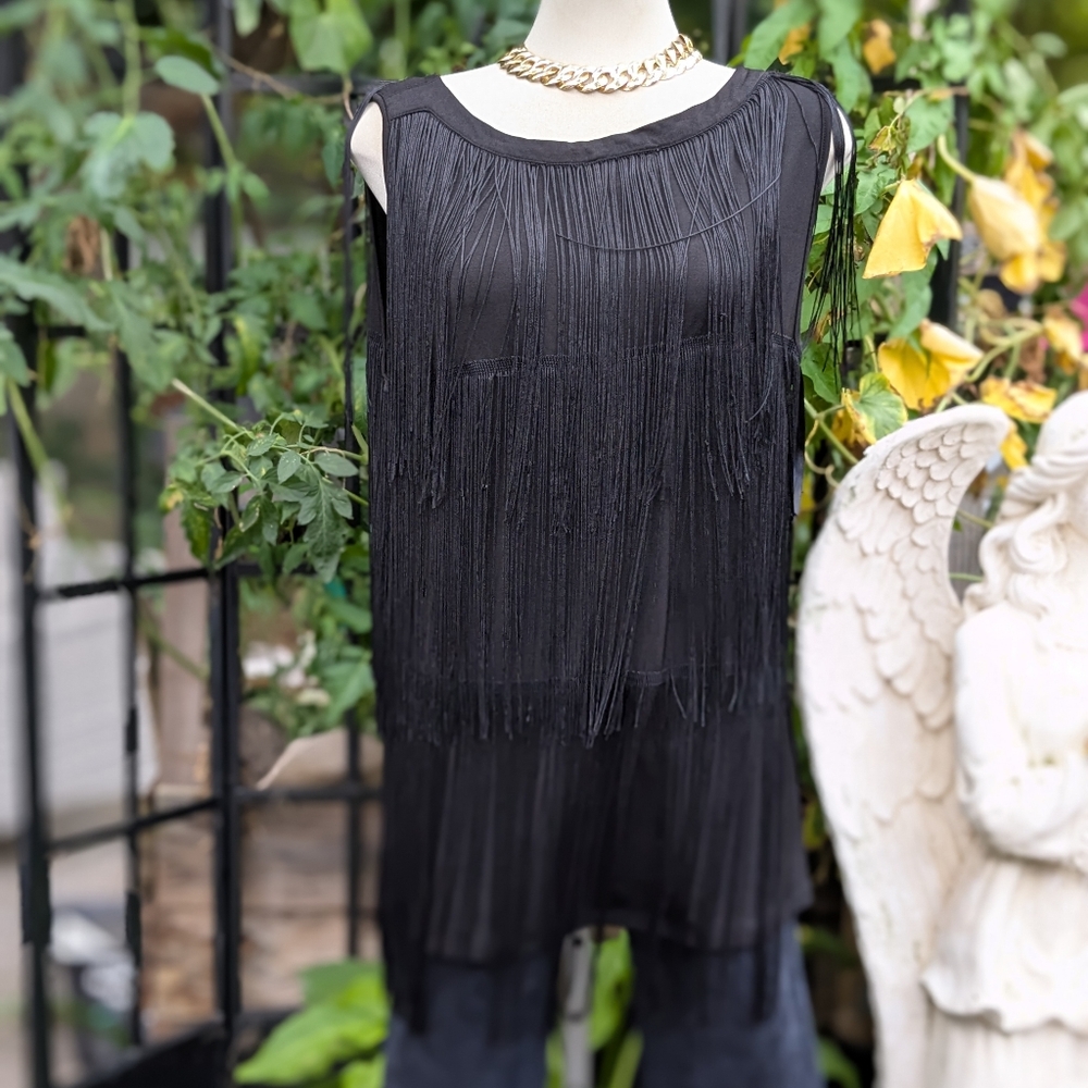 New Women Design Elegant Black Fringe Top XL